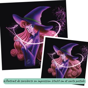 Dessin numérique imprimé et son format carte postale représentant le portrait d'une sorcière qui utilise sa baguette magique @Ysae illustrations