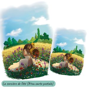 Dessin numérique et sa version carte postale représentant la sorcière de l'été agenouillée dans un champ de blé et de fleurs déversant le contenu de sa corne d'abondance @Ysae illustrations