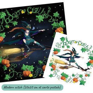 Dessin numérique et sa version carte postale représentant une sorcière qui surfe sur balai avec son chat sur fond de citrouille d'Halloween @Ysae illustrations