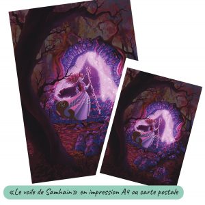 Dessin numérique format A4 et carte postale représentant une sorcière de l'automne dans une forêt d'automne qui nous invite à franchir le voile de Samhain qui souffle dans d'anciennes ruines @Ysae illustrations