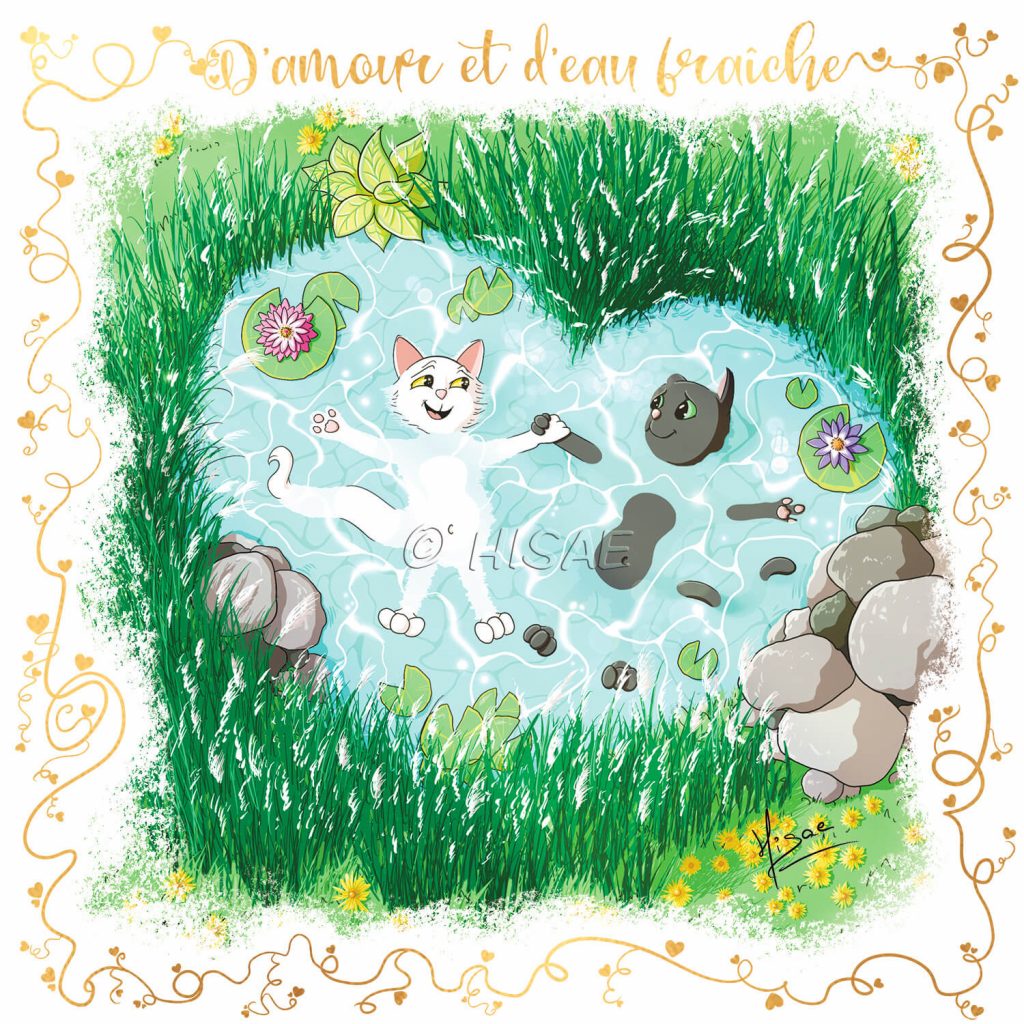 Dessin numérique format carte postale pour la saint-valentin représentant deux chat qui nage sur le dos en se tenant la patte dans une mare en forme de cœur ©Ysae illustrations