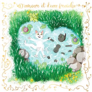 Dessin numérique format carte postale pour la saint-valentin représentant deux chat qui nage sur le dos en se tenant la patte dans une mare en forme de cœur ©Ysae illustrations