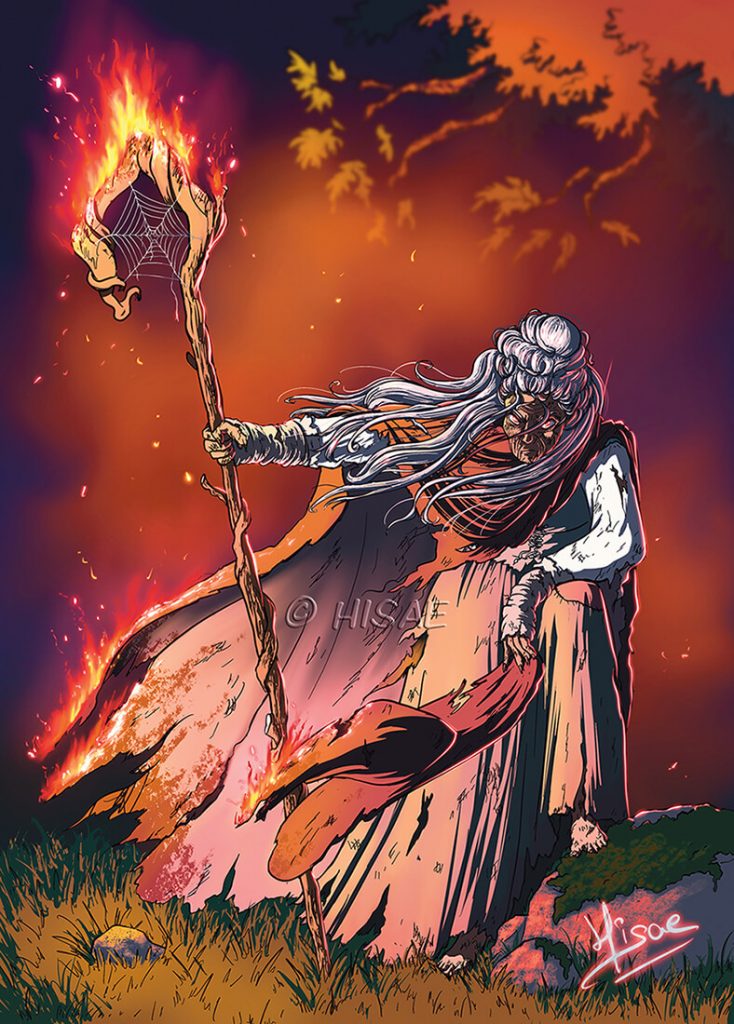 Dessin numérique représentant une vieille sorcière aux vêtements et au bâton brulés qui se tient fièrement @Ysae illustrations