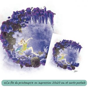 Dessin numérique format 20x20 cm et carte postale représentant une fée qui s'éveille, assise sur une lune faite de fleurs de printemps @Ysae illustrations