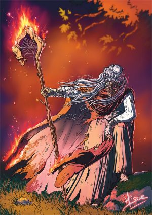 Dessin numérique représentant une vieille femme sorcière tenant fièrement son bâton et son chapeau en feu d'un air de défi @Ysae illustrations