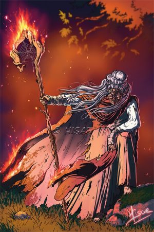 Dessin numérique format carte postale représentant une vieille femme sorcière tenant fièrement son bâton et son chapeau en feu d'un air de défi @Ysae illustrations