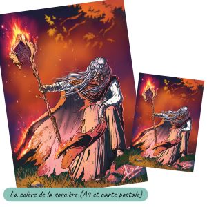 Dessin numérique format A4 et carte postale représentant une vieille femme sorcière tenant fièrement son bâton et son chapeau en feu d'un air de défi @Ysae illustrations