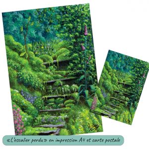 Dessin à la gouache format A4 et format carte postale représentant un escalier perdu dans la nature et croulant sous la verdure @Ysae illustrations
