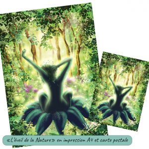 Dessin numérique format A4 et carte postale représentant Dame Nature assise dans une fleur en train de s'éveiller dans une forêt @Ysae illustrations