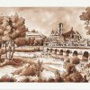 Dessin à l'encre sépia représentant une vue de la ville de Nevers (Nièvre), depuis le pont de Loire. On aperçoit au fond la ville médiévale et la cathédrale @Ysae illustrations