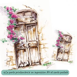 Impression format A4 et carte postale d'un dessin original réalisé à l'encre et à l'aquarelle représentant une porte d'une maison abandonnée à côté de laquelle pend des fleurs grimpantes @Ysae illustrations