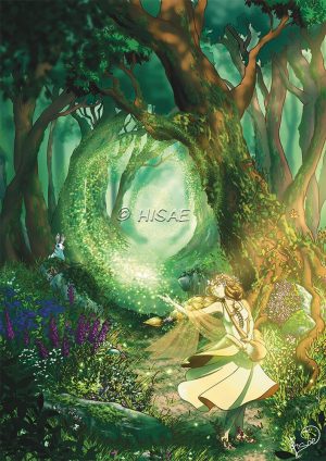 Dessin numérique représentant une sorcière qui sème le printemps et fait pousser les plantes dans la forêt pendant la fête païenne d'Ostara @Ysae illustrations