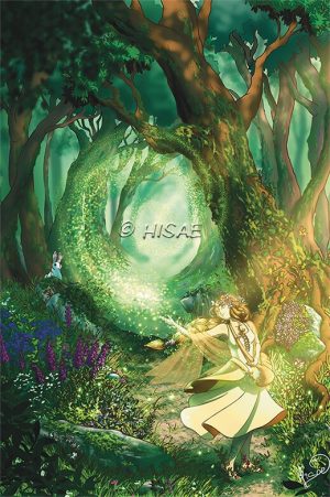 Dessin numérique format carte postale représentant une sorcière qui sème le printemps et fait pousser les plantes dans la forêt pendant la fête païenne d'Ostara @Ysae illustrations