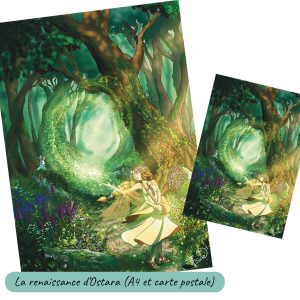 Dessin numérique format A4 et carte postale représentant une sorcière qui sème le printemps et fait pousser les plantes dans la forêt pendant la fête païenne d'Ostara @Ysae illustrations