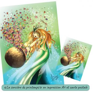 Dessin numérique format A4 et carte postale représentant la sorcière du printemps qui fait apparaître des fleurs dans son chaudron @Ysae illustrations