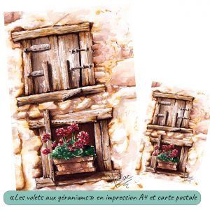 Dessin à l'encre et à l'aquarelle format A4 et carte postale représentant une façade en pierre et des volets en bois @Ysae illustrations