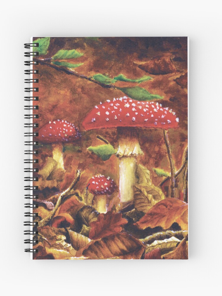 Carnet à spirales dont la couverture est un dessin à l'acrylique représentant des champignons dans les feuilles mortes, sur le sol d'une forêt en automne ©Ysae illustrations