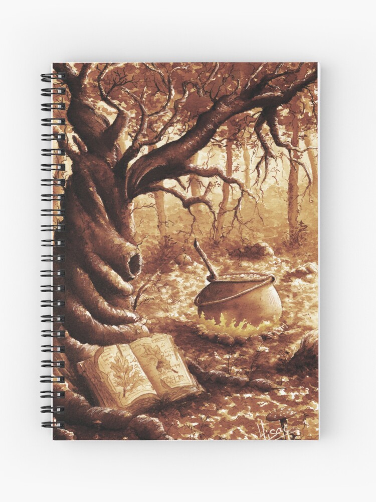 Carnet à spirales dont la couverture est un dessin à l'encre sépia et ocre représentant un chaudron bouillonant dans la forêt, en automne, près d'un vieil arbre tordu ©Ysae illustrations