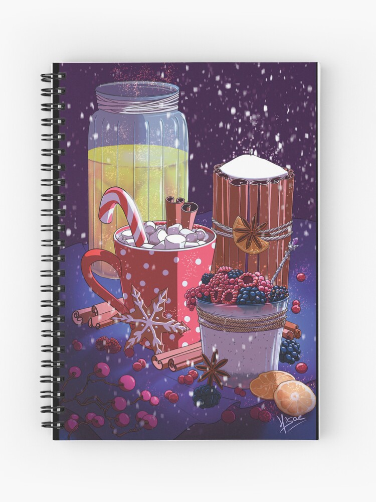 Carnet à spirales dont la couverture est un dessin numérique représentant une goûter de Noël avec un chocolat chaud avec des marshmallows et de la cannelle, un jus d'orange, des fruits rouges, des mandarines et des biscuits ©Ysae illustrations