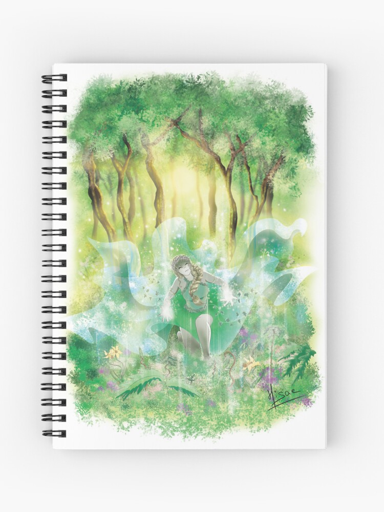 Carnet à spirales dont la couverture est un dessin numérique représentant une sorcière qui fait pousser la végétation dans la forêt grâce à sa magie ©Ysae illustrations