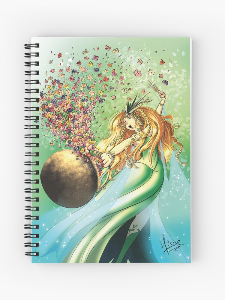 Carnet à spirales dont la couverture est un dessin numérique représentant la sorcière du printemps qui fait naître les fleurs dans son chaudron avec sa baguette magique ©Ysae illustrations