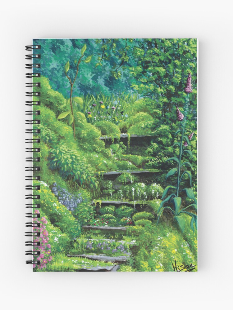 Carnet à spirales dont la couverture est une gouache représentant un escalier perdu sous la végétation luxuriante et les fleurs ©Ysae illustrations