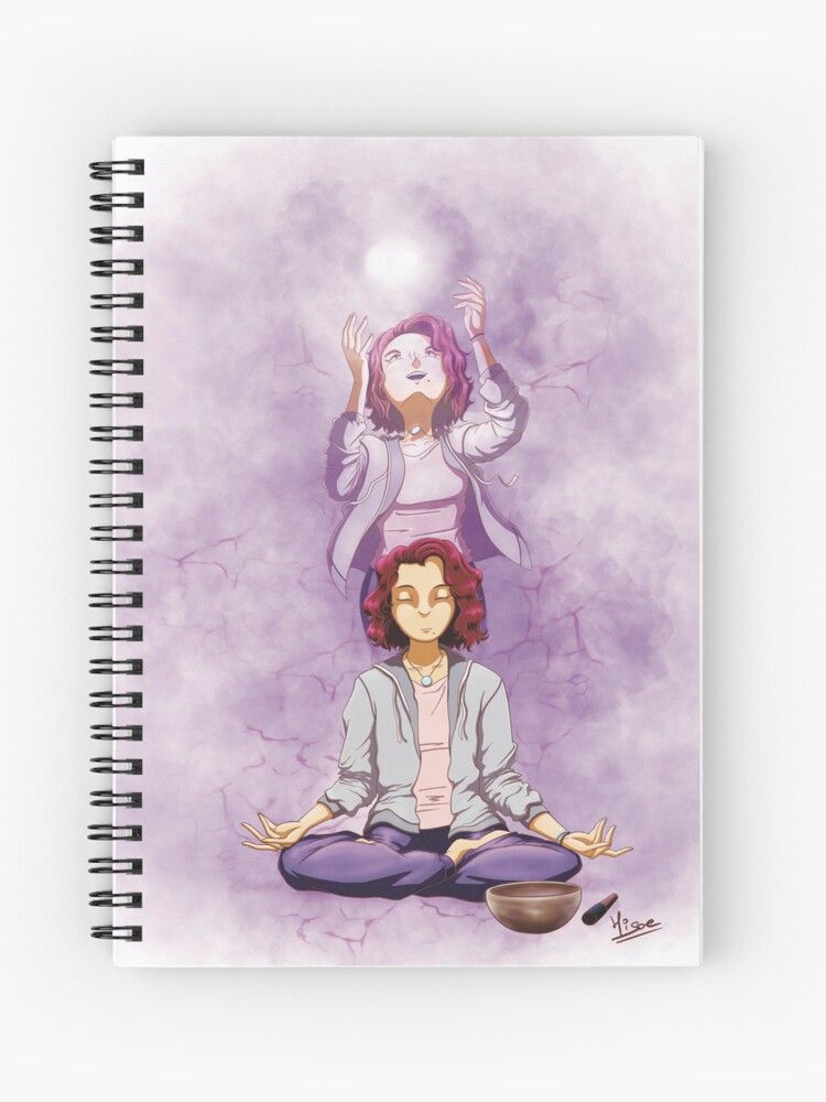 Carnet à spirales dont la couverture est un dessin numérique représentant une femme en plein voyage astral alors qu'elle médite ©Ysae illustrations