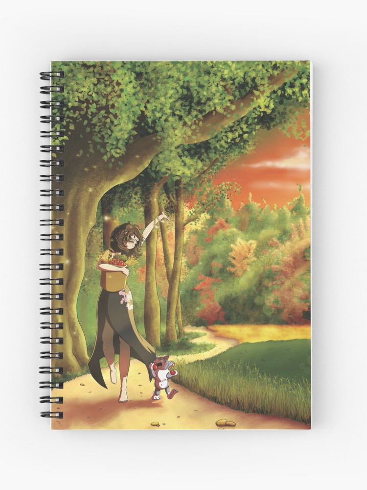 Carnet à spirales dont la couverture est un dessin numérique représentant une femme et son chat peins de gratitude et saluant la nature, la remerciant pour se sbienfaits pour la fête païenne de Mabon ©Ysae illustrations