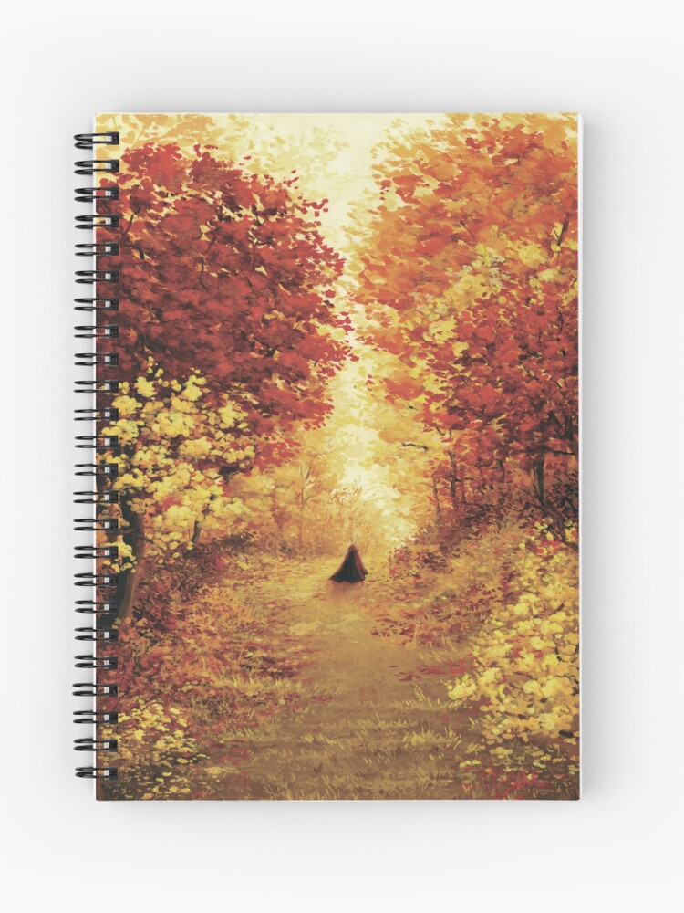 Carnet à spirales dont la couverture est une gouache représentant une silhouette encapuchonnée qui fuit dans la forêt flamboyante d'automne, toute rouge et jaune ©Ysae illustrations