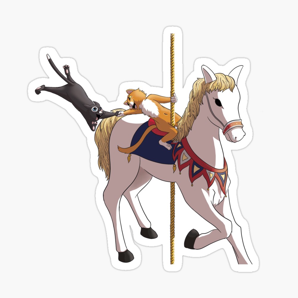 Sticker représentant un chat mignon perché sur un cheval de manège et qui attrape son amoureux chat par la patte ©Ysae illustrations