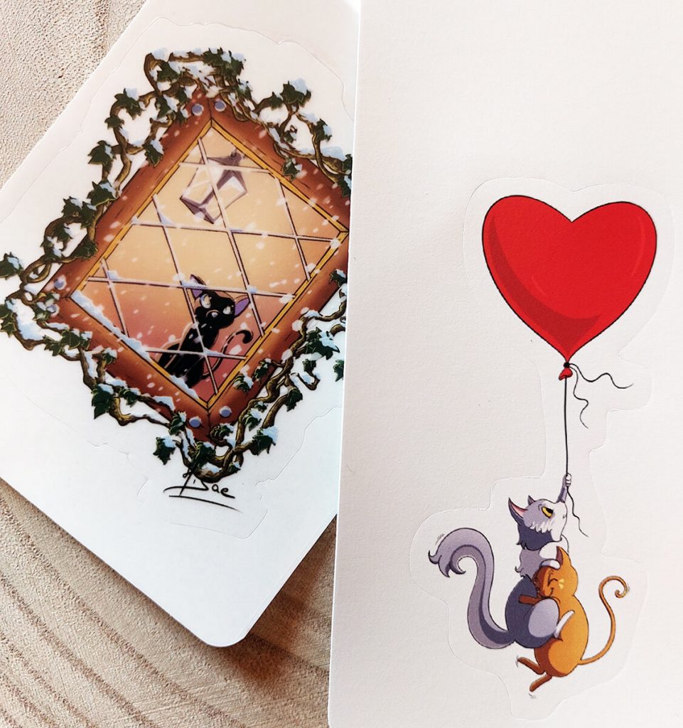 Stickets chamoureux et chat derrière la fenêtre ©Ysae illustrations