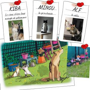 Portait personnalisé d'un chien loup aveugle et pétomane avec ses deux compagnons chats indisposés. La photo des animaux est visible à côté du dessin @Ysae illustrations