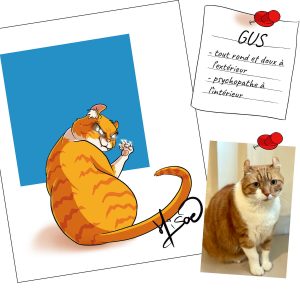 Portait personnalisé d'un chat roux de de dos en train de se retourner et de montrer des griffes acérées. La photo de l'animal est visible à côté @Ysae illustrations