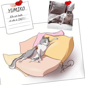 Portait personnalisé d'un chat gris et blanc allongé langoureusement sur des coussins. La photo de l'animal est visible à côté @Ysae illustrations