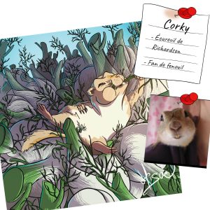 Portait personnalisé d'un écureuil de Richardson en ftrain de faire une orgie de fenouil. La photo de l'animal est visible à côté @Ysae illustrations