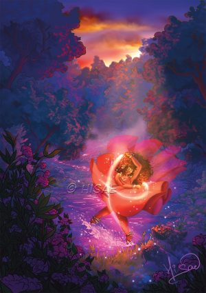 Dessin numérique imprimé représentant une femme qui danse dans l'eau avec des bâtons enflammés pour célébrer la fête païenne de Beltaine au lever du soleil @Ysae illustrations