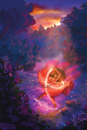 Dessin numérique imprimé format carte postale représentant une femme qui danse dans l'eau avec des bâtons enflammés pour célébrer la fête païenne de Beltaine au lever du soleil @Ysae illustrations