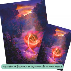 Dessin numérique imprimé et son format carte postale représentant une femme qui danse dans l'eau avec des bâtons enflammés pour célébrer la fête païenne de Beltaine au lever du soleil @Ysae illustrations