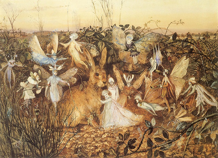 "Rabbit among the fairies", John Anster Fitzgerald (1819-1906) représentant un lapin dans un champs, entouré de petite fairies @Sofi