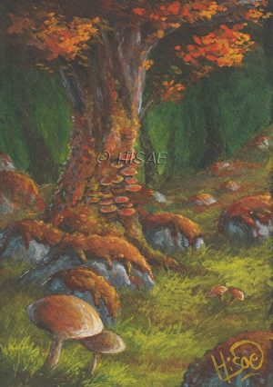 Dessin original à la gouache représentant une forêt de lichen en automne @Ysae illustrations