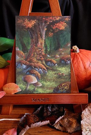 Dessin original à la gouache et présenté sur chevalet représentant une forêt de lichen en automne @Ysae illustrations