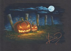 Dessin original à la gouache représentant deux citrouilles creusées façon Jack O'lantern pour Halloween au bord d'un chemin, une nuit de plein lune @Ysae illustrations