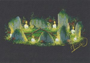 Dessin original à la gouache représentant un cercle d'invocation dans un cercle de pierres, à la lueur des bougies @Ysae illustrations