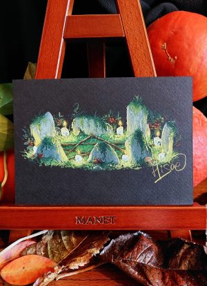 Dessin original à la gouache présenté sur chevalet et représentant un cercle d'invocation dans un cercle de pierres, à la lueur des bougies @Ysae illustrations