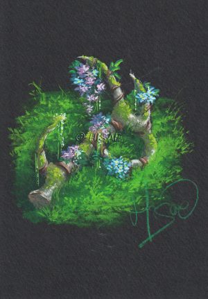 Dessin original à la gouache représentant une corne de cerf cassé que la nature et les fleurs ont recouverte @Ysae illustrations