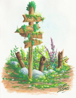 Dessin original à la gouache représentant une série de panneaux à la croisée des chemins @Ysae illustrations