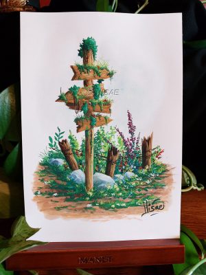 Dessin original à la gouache et présenté sur chevalet représentant une série de panneaux à la croisée des chemins @Ysae illustrations