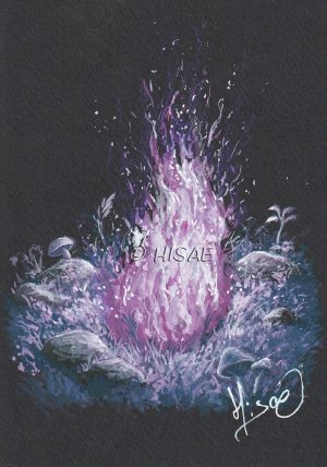 Dessin original à la gouache représentant un feu spectral violet brûlant dans les herbes @Ysae illustrations