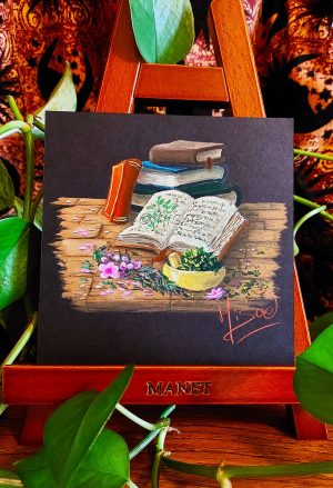 Dessin original à la gouache présenté sur chevalet représentant une table sur laquelle on trouve des herbes médicinales et des livres d'herbologie @Ysae illustrations