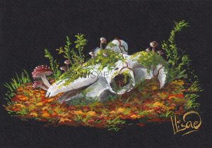 Gouache originale représentant un crâne de mouton, un crâne oublié, caché dans les feuille morte et couvert de mousse @Ysae illustrations